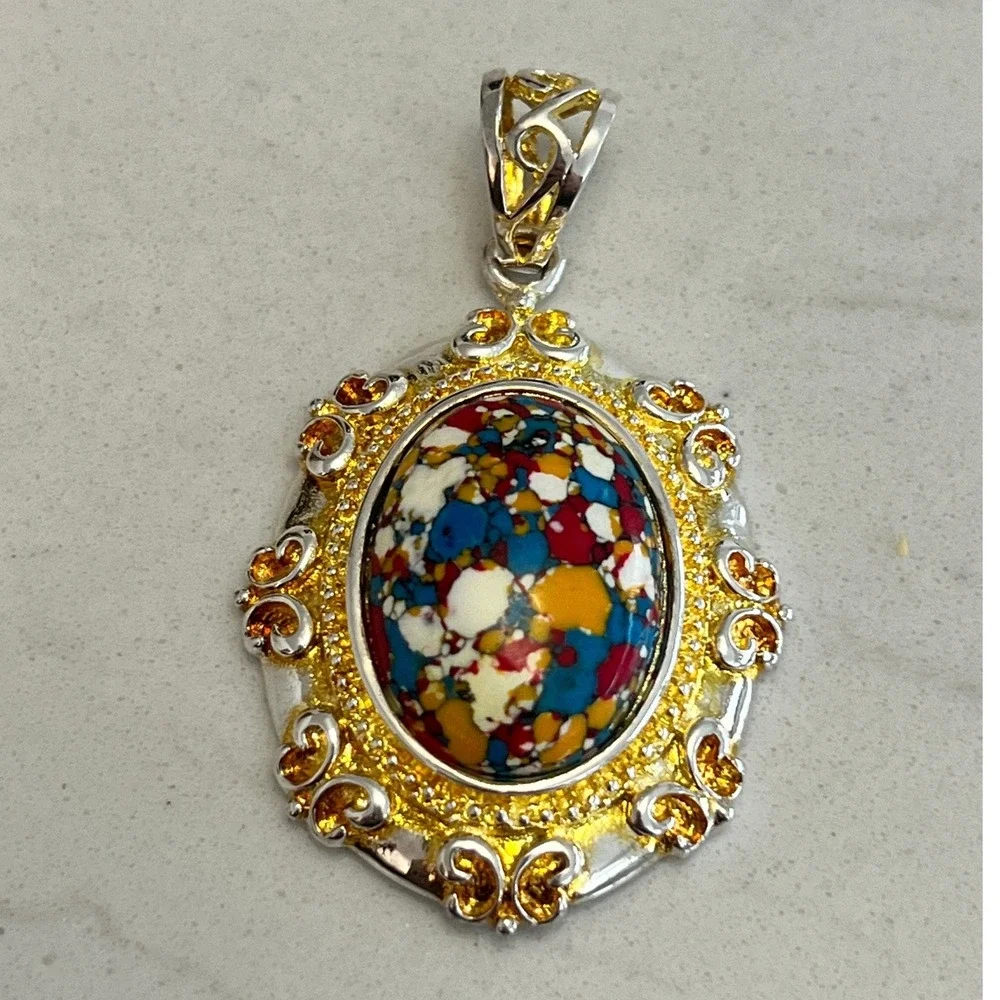 Vtg 925 Sterling Silver Mosaic Stone‎ Pendant Two-Tone Filigree Boho Statement